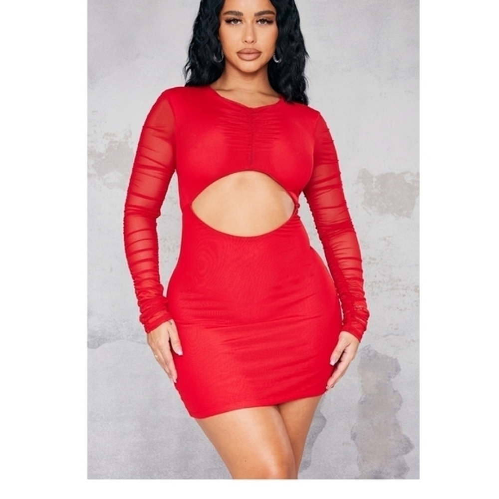 PrettyLittleThing Shape Red Mesh‎ Ruched Long Sleeve Bodycon Dress